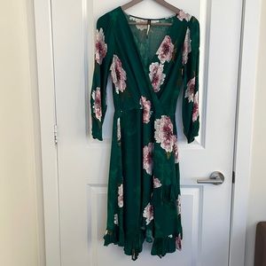 Green floral faux wrap dress Size S